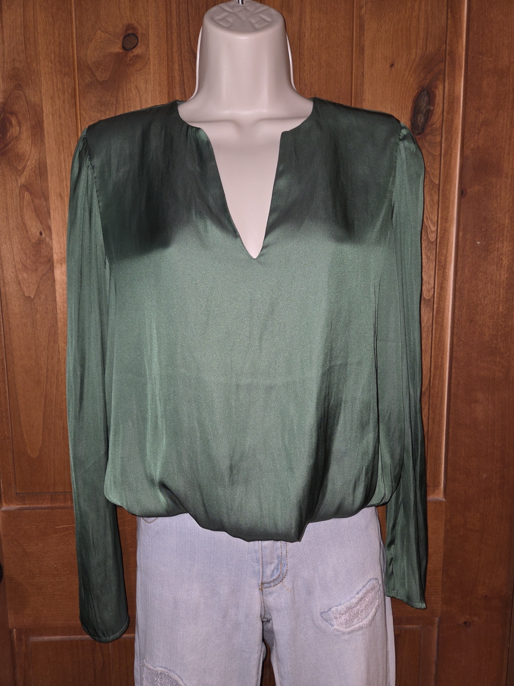 Sincerely Jules‎ Forest Green Satin Split-Neck Blouse